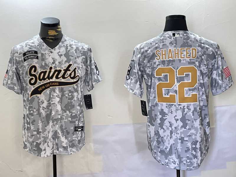 Mens New Orleans Saints #22 Rashid Shaheed Arctic Camo 2024 Salute to Service Stitched Baseball Jersey